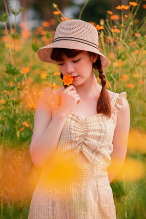 户外花海戴帽闻花香美女写真摄影图片